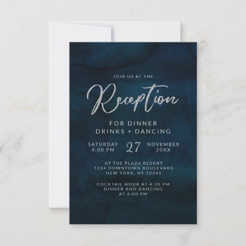 Navy Luster Dark Blue Watercolor Wedding Reception Invitation