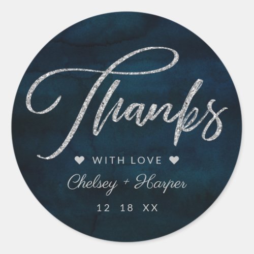 Navy Luster Dark Blue Watercolor Wedding Thank You Classic Round Sticker