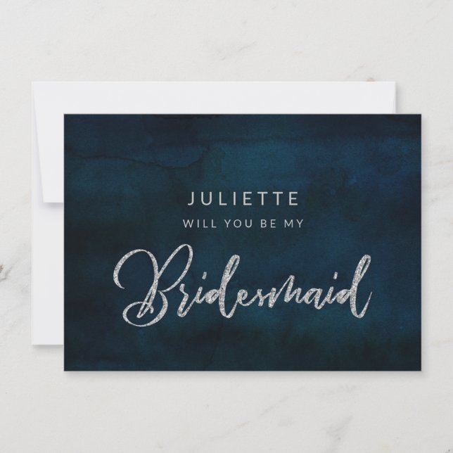 Navy Luster Silver Be My Bridesmaid Proposal Card (Front)