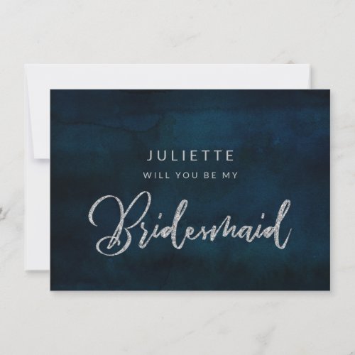 Navy Luster Silver Be My Bridesmaid Proposal Card
