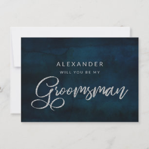 Navy Luster Silver Be My Groomsman Proposal Card