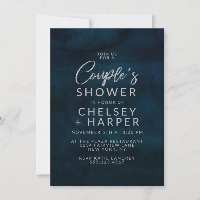 Navy Luster Silver Blue Couple's Wedding Shower Invitation (Front)
