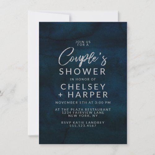 Navy Luster Silver Blue Couples Wedding Shower Invitation