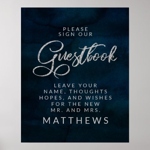 Navy Luster Silver Blue Monogram Guestbook Sign