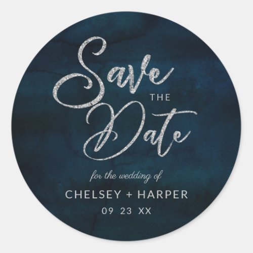Navy Luster Silver Blue Watercolor Save the Date Classic Round Sticker