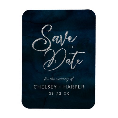 Navy Luster Silver Blue Watercolor Save the Date Magnet