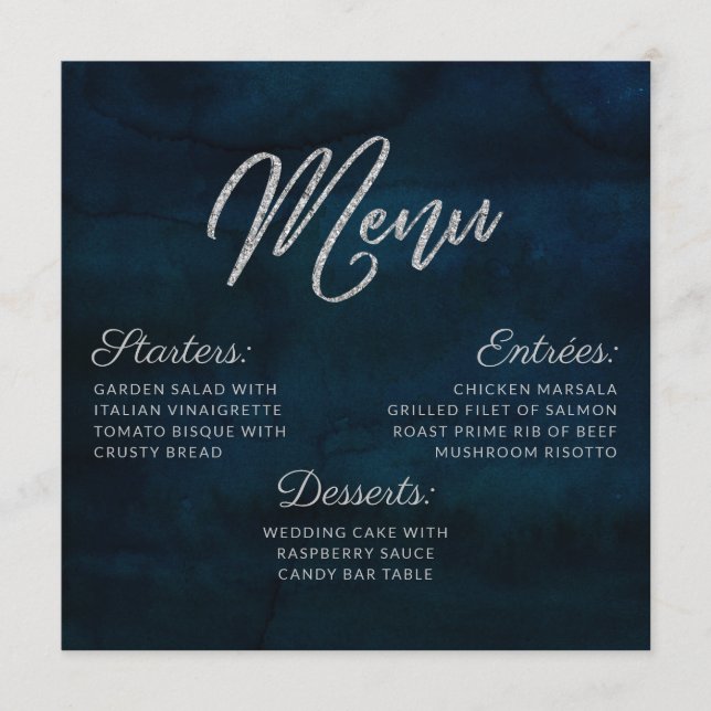 Navy Luster Silver Blue Watercolor Square Dinner Menu (Front)