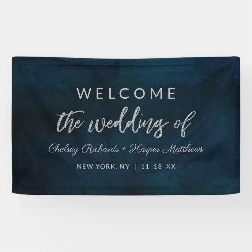 Navy Luster Silver Blue Watercolor Wedding Welcome Banner