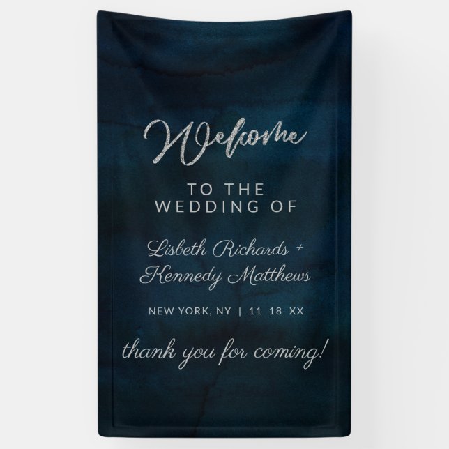 Navy Luster Silver Blue Watercolor Wedding Welcome Banner (Vertical)