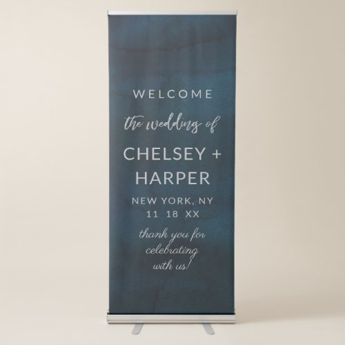 Navy Luster Silver Blue Watercolor Wedding Welcome Retractable Banner