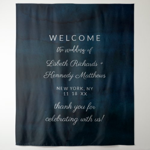 Navy Luster Silver Blue Watercolor Wedding Welcome Tapestry