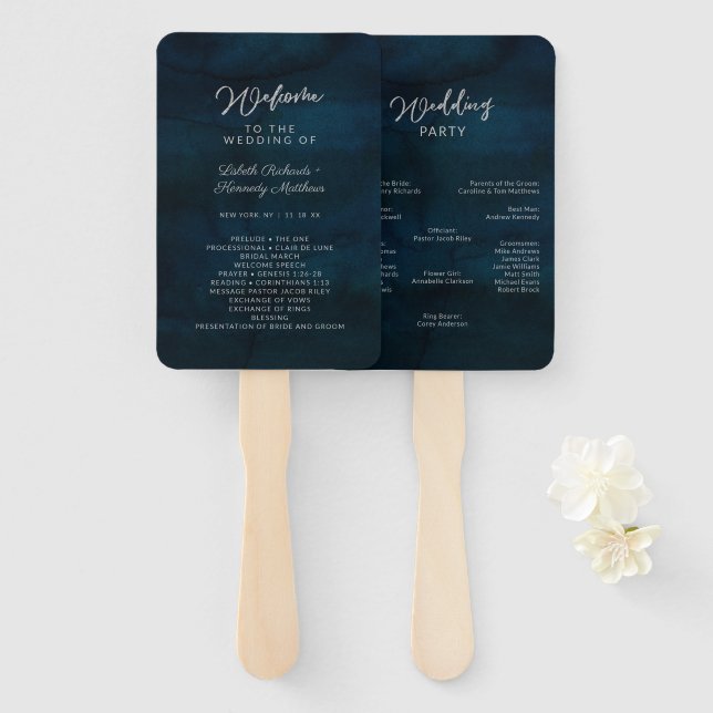Navy Luster Silver Blue Wedding Ceremony Program Hand Fan (Front and Back)