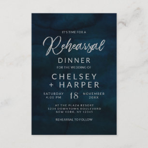Navy Luster Silver Blue Wedding Rehearsal Dinner Invitation