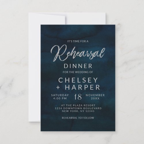 Navy Luster Silver Blue Wedding Rehearsal Dinner Invitation