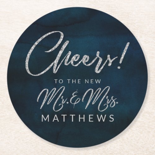 Navy Luster Silver Cheers to the new Mr  Mrs Round Paper Coaster