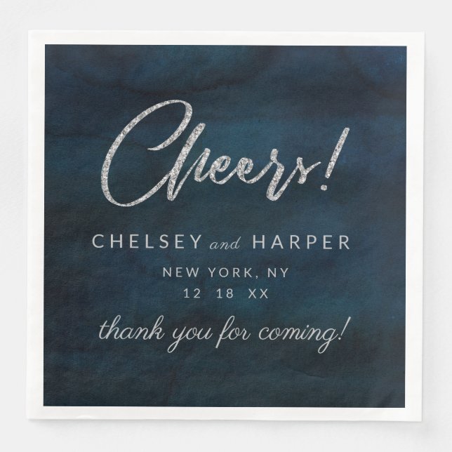 Navy Luster Silver Cheers Wedding Monogram Dinner Paper Dinner Napkins (Front)