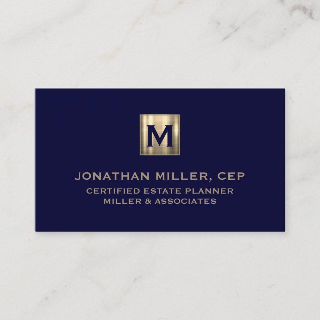 Navy Luxury Gold Initial Logo Business Card (Front)
