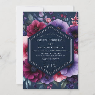 Navy Magenta Dramatic Bloom Wedding Invitation