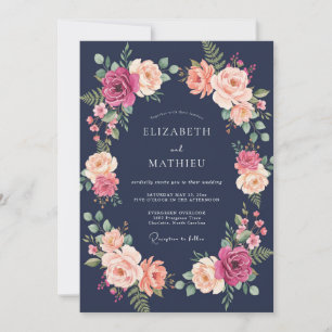 Navy Magenta Lush Botanical Wedding Invitation