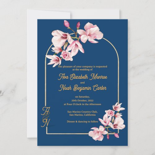 Navy Magnolia Floral Photo Wedding Invitation