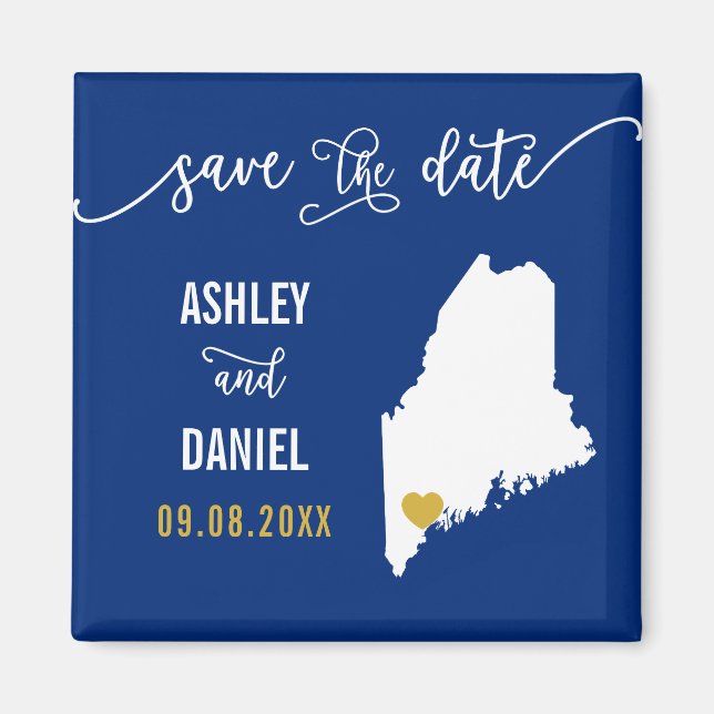Navy Maine Wedding Save the Date Map Magnet (Front)