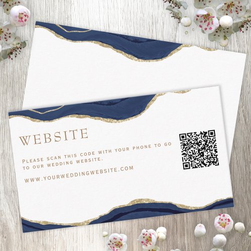 Navy Marble Agate Gold Glitter Wedding Website QR  Enclosure Card