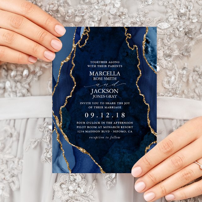 Navy Marble & Gold Agate Wedding Invitation (Creator Uploaded)