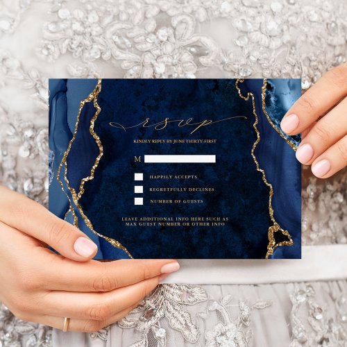 Navy Marble  Gold Agate Wedding RSVP Invitation