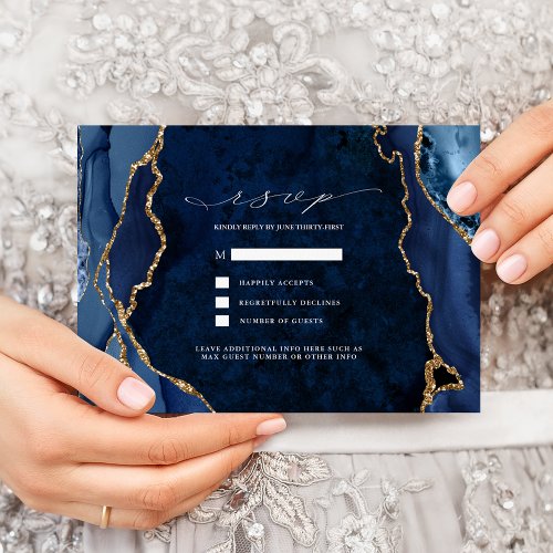 Navy Marble  Gold Agate Wedding RSVP Invitation