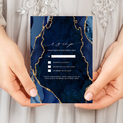 Navy Marble  Gold Agate Wedding RSVP Invitation