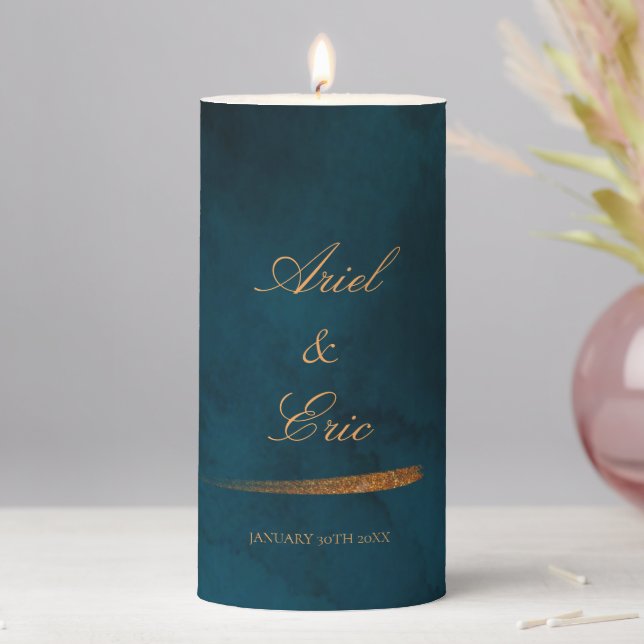  Navy Marble & Gold Elegant Wedding Pillar Candle (In Situ)