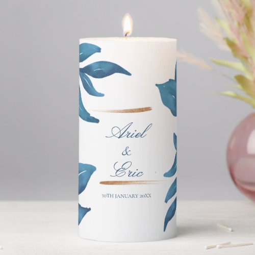  Navy Marble  Gold Eucalyptus Elegant Wedding Pillar Candle