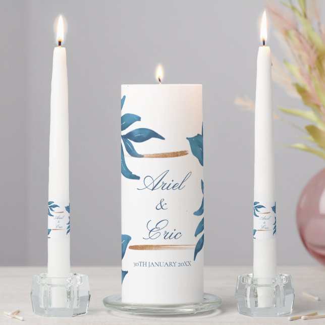  Navy Marble & Gold Eucalyptus Elegant Wedding Unity Candle Set (In Situ)