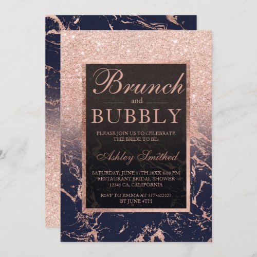 Navy marble rose gold brunch bubbly bridal shower invitation