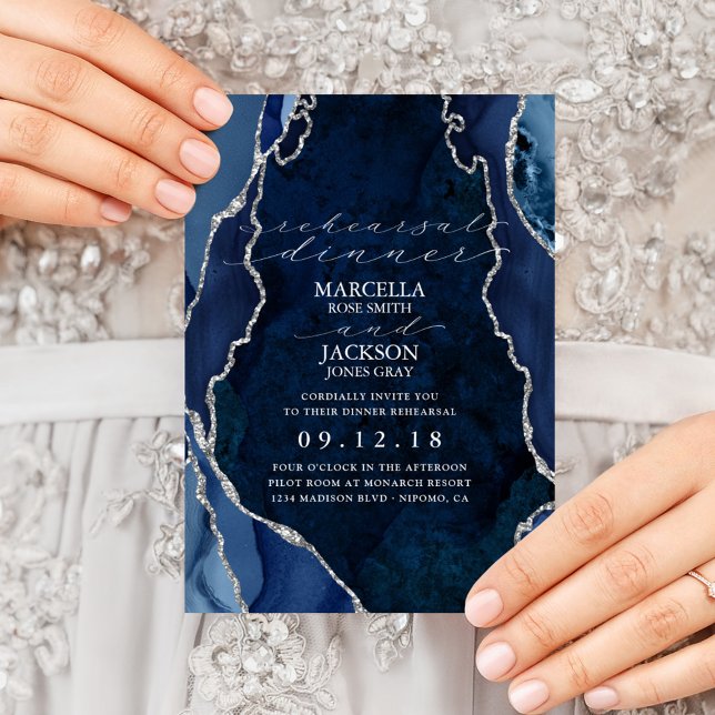 Navy Marble & Silver Agate Dinner Rehearsal Invitation (Creator Uploaded)