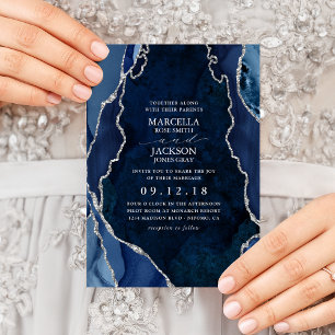 Navy Marble & Silver Agate Wedding Invitation