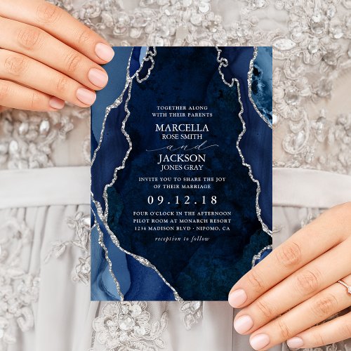 Navy Marble  Silver Agate Wedding Invitation