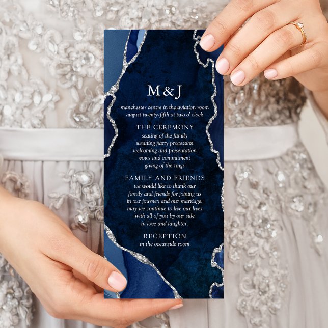 Navy Marble & Silver Agate Wedding Program (Creator Uploaded)