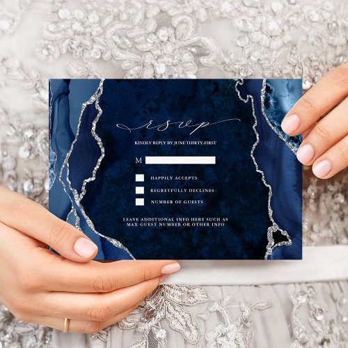 Navy Marble  Silver Agate Wedding RSVP Invitation