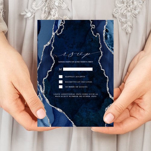 Navy Marble  Silver Agate Wedding RSVP Invitation