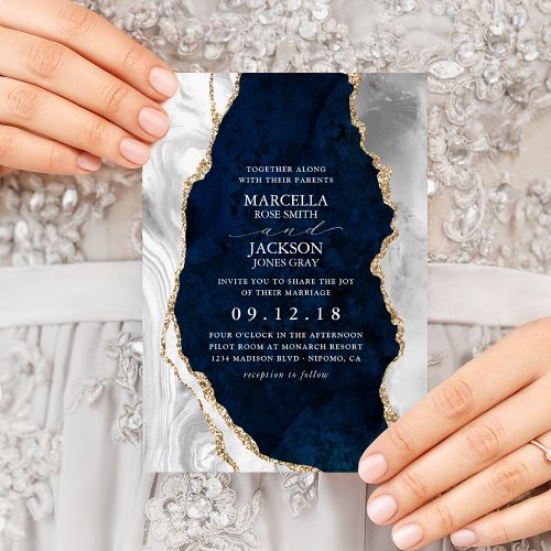 Navy Marble White  Gold Agate Wedding Invitation