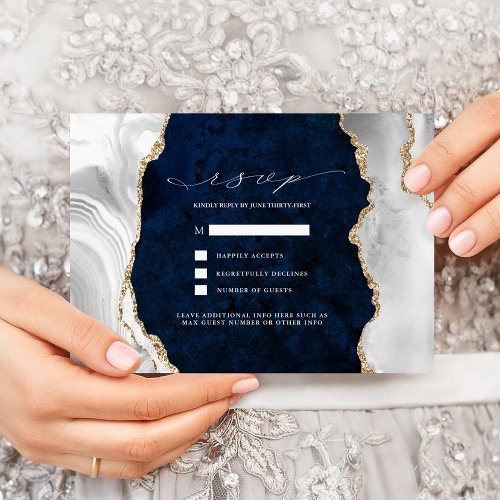 Navy Marble White  Gold Agate Wedding RSVP Invitation