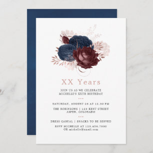 Navy, Maroon and Rose Gold Floral Birthday Invitation