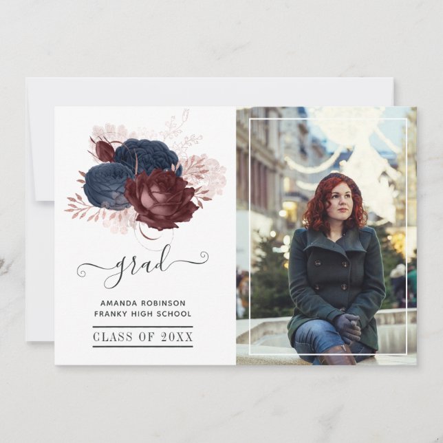 Navy, Maroon and Rose Gold Floral Graduation Photo Announcement (Front)