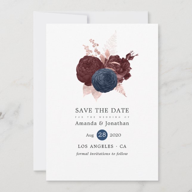 Navy, Maroon and Rose Gold Floral Save the Date (Front)