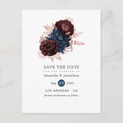 Navy Maroon and Rose Gold Floral Save the Date Announcement Postcard