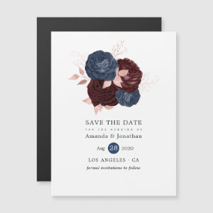 Navy, Maroon and Rose Gold Floral Save the Date Magnetic Invitation