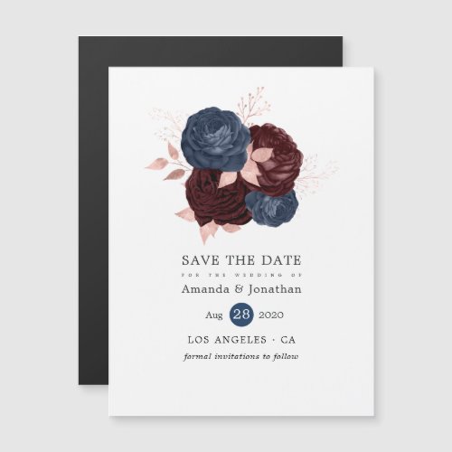 Navy Maroon and Rose Gold Floral Save the Date Magnetic Invitation