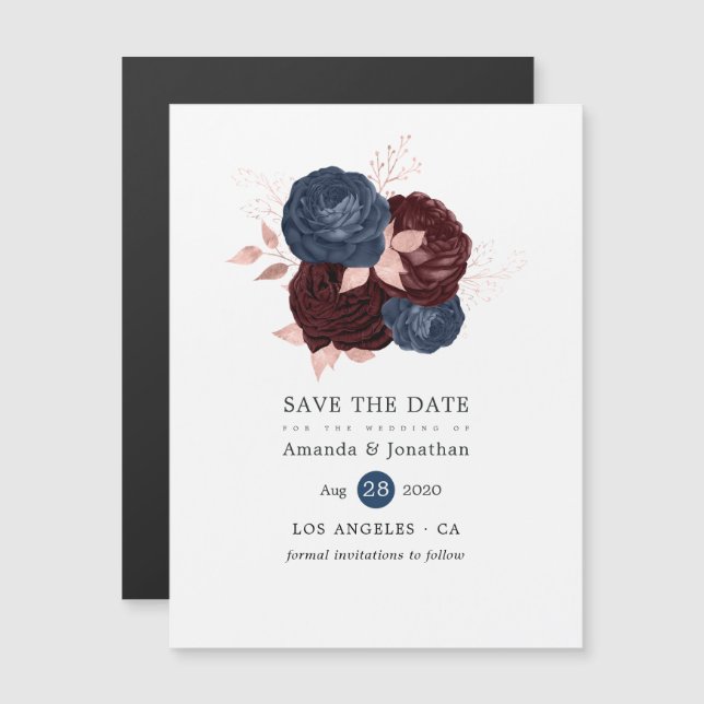 Navy, Maroon and Rose Gold Floral Save the Date Magnetic Invitation (Front/Back)