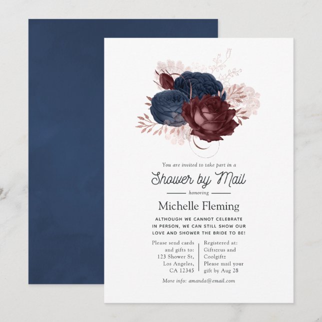 Navy, Maroon and Rose Gold Floral Shower by Mail Invitation (Front/Back)